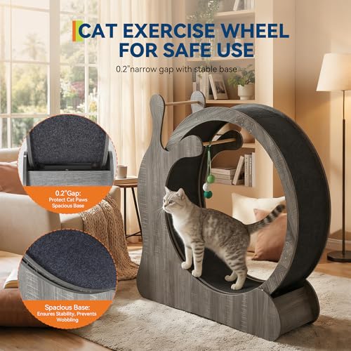 Large Cat Running Wheel, Cat Wheel for Indoor Cats 33.5" Inner Diameter Wood Pet Treadmill with Scratching Board and Playi...