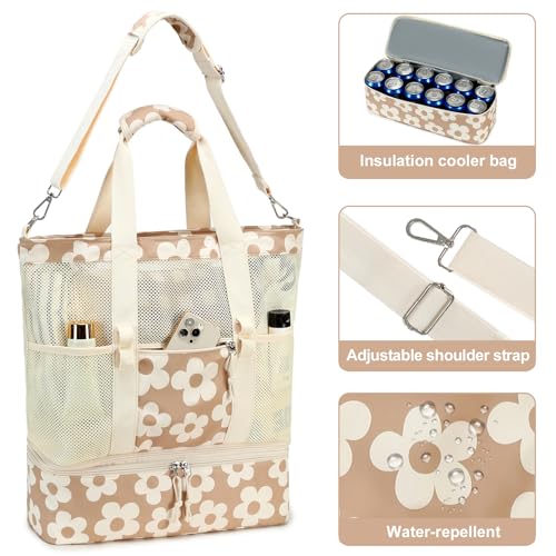 Bluboon Mesh Beach Tote Bag with Cooler Compartment Insulated Detachable Picnic Bag with Zipper and Pocket Pool Bag for Women
