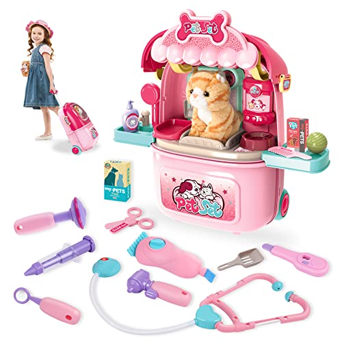 MAGIC4U Pet Cat Care Carrier Suitcase Toy, 29PCS Vet Clinic and Doctor Kit for Kids, Pet Kitty Grooming Feeding Toys, Vete...