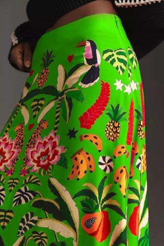 THLAI Womens Skirt Midi Skirt Tropical Plant Print Pink Zipper A-Line Long Skirts Spring Summer Skirt Floral
