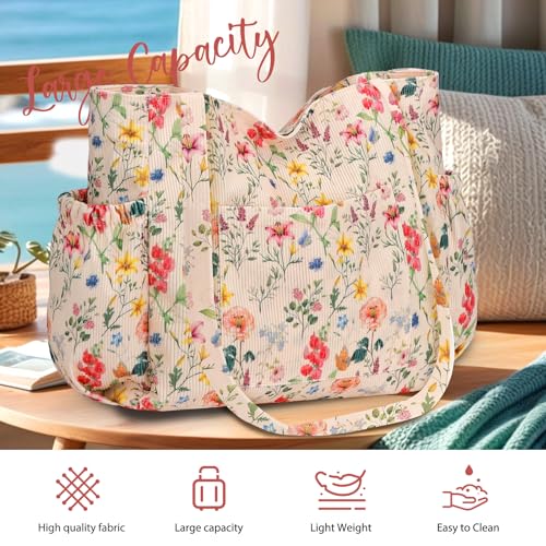 Corduroy Tote Bag for Women,Large Capacity Cute Tote Bags With 6 Pockets,Crossbody Shoulder Handbag for Work Travel Gym
