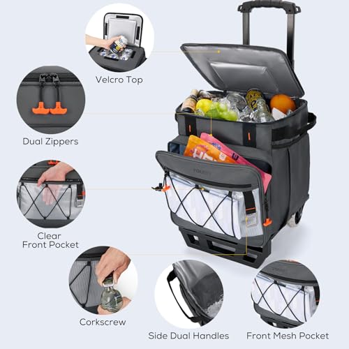 TOURIT 75 Can Insulated Rolling Cooler, Detachable Double Deck Beach Cooler with Wheels, Collapsible Soft Sided Cooler Bag...