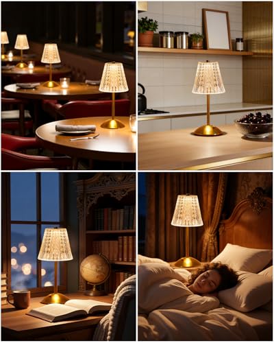 Nusogon Rechargeable Cordless Table Lamp, Touch Control Crystal Desk Lamp with 3500mAh Battery, 3 Color Dimmable LED Small...
