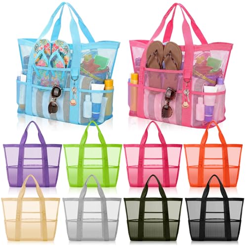 Hsei 10 Pack Mesh Beach Bags Bulk for Women Waterproof Large Pool Tote Bag with 8 Pockets & Reinforced Handles Toy Bags fo...