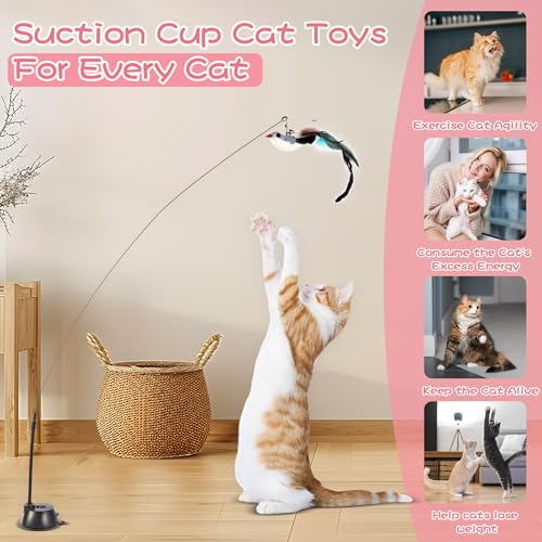 Maiguangta Interactive Bird Simulation Cat Toy Set,Cat Wand Toys,Wand Self-Holding Suction Cups Base,Include Detachable 6 ...