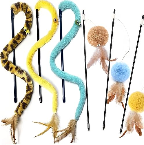 AZOFFYIU Cat Toys for Indoor Toys,Rainbow Cat Wand Toys,Feather Flips Plush Ball Cat Toys,Interactive Feather Toy for Teas...