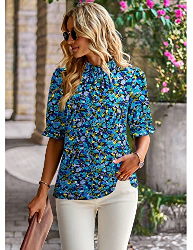 ZILIN Women's Summer Boho Floral Shirt Top Ruffle Mock Neck Puff Short Sleeve 2026 Casual Blouses