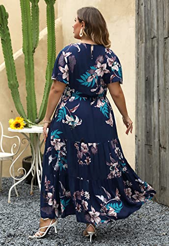 Nemidor Plus Size Maxi Dresses for Curvy Women Summer Casual Boho Ditsy Floral Print Layered Flared Long Dress with Pocket