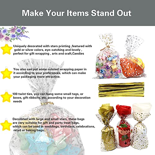 COQOFA 100 Pcs Star Printed 5"X 7" Gift Wrap Cello Cellophane Treat Bags Party Favor bags Clear Candy Cookie Bag Plastic P...