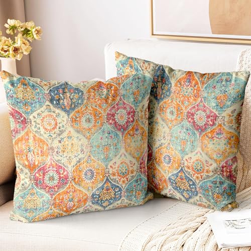 ZSYTZL Boho Throw Pillow Covers 18x18 inch Set of 2,Soft Pillowcases Bohemia Carpet Printing Pattern Decorative Sofa Livin...