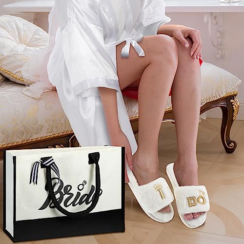Berlune 14 Pcs Bride Gifts Box Sets Include Short Satin Robes Canvas Tote Bag Stainless Steel Glasses Slippers Wedding Gifts