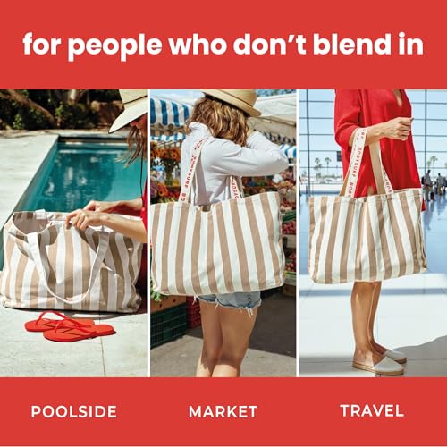 Bodysurf Canvas Tote Bag, Striped Heavy-Duty Beach & Pool Tote for Women with Zippered Pocket, Lightweight Boat Bag Carrya...