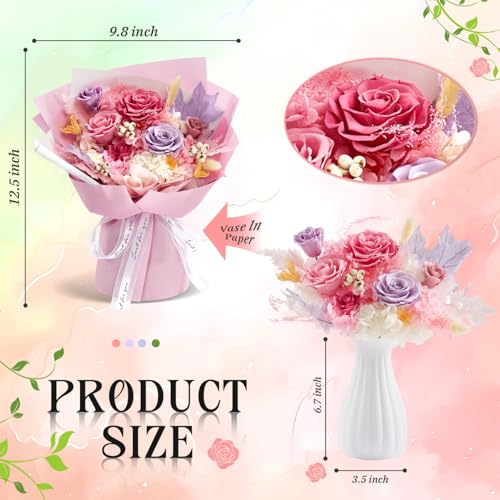 Preserved Flowers Roses Bouquet with Vases Real Pink Flowers for Delivery Prime, Forever Glitter Rose Bouquets Kit,Handmad...
