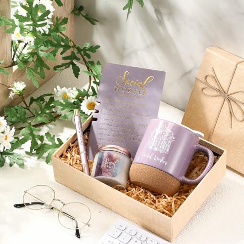 Baderke 4 Pcs Social Worker Graduation Gifts in Lavender, 15 Oz Mug Notebook Pen Candle Gift Set for BSW MSW DSW, Social W...