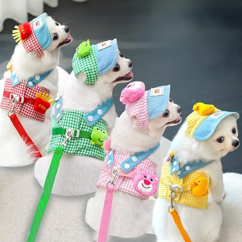 Layheld Cat Puppy Costume Sun Hat Leash Vest Harness 3pcs Set Cute Plaid Pattern Cartoon Plush Decor Pet Accessories for C...
