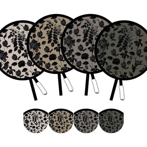 SUJJY 4 Pack Elegant Black Plant Foldable Hand Fans, Versatile Round Handheld Fans for Travel, Events, Indoor and Outdoor...