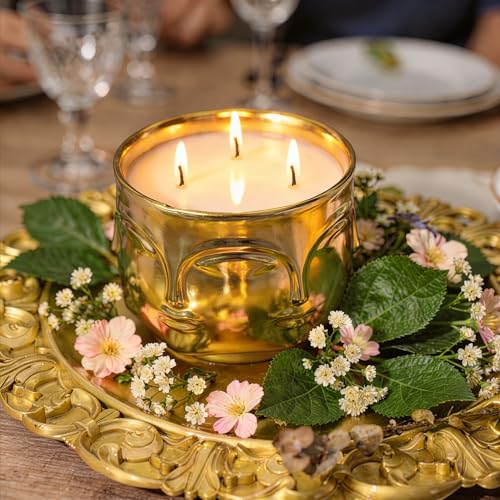 Viyffo 3 Wick Large 20oz Decorative Gold Scented Candle – Vanilla Dreamscape & Spring Spice, Non Toxic Soy Candle in Matte...