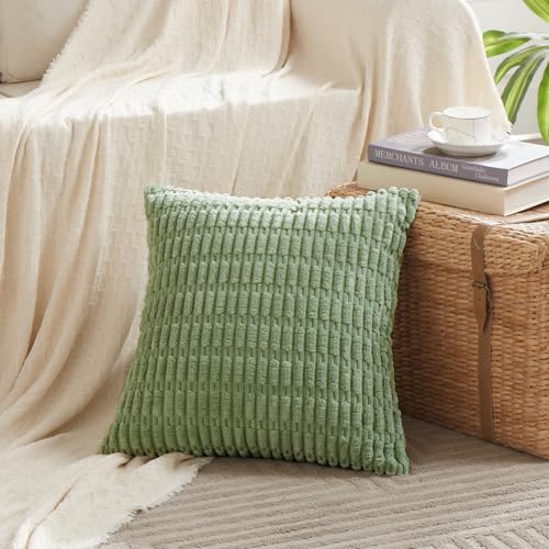 Fancy Homi 2 Packs Sage Green Decorative Throw Pillow Covers 18x18 Inch for Living Room Couch Bed Sofa, Soft Striped Cordu...