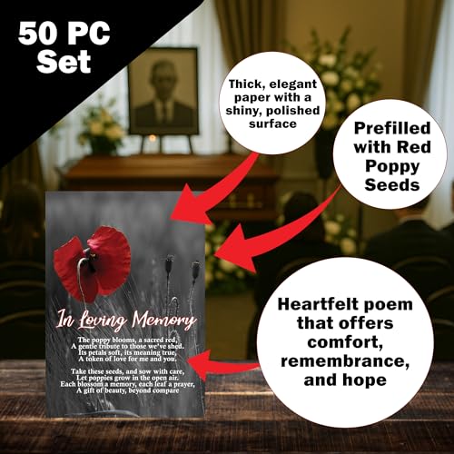 50pc RED Premium Pre-Filled Red Poppy Seeds Funeral Favor Packets, Funeral Decorations, Celebration of Life Decorations, C...