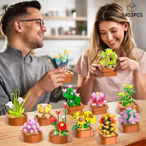 CUBIMANA 12 Pack Flowers Succulents Mini Building Set - Gifts for Mothers Day, Flower Botanical Collection for Home Office...