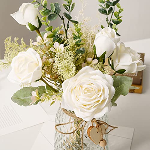 YJ Fake Flowers with Vase, Silk Roses Artificial Flowers in Vase, Faux Flower Plant Arrangement Suitable for Home Office D...