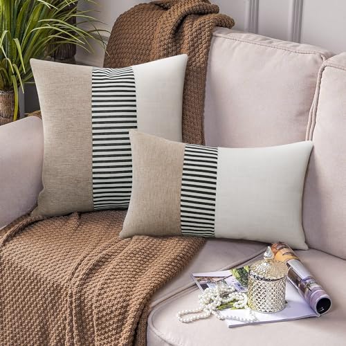 Farmhouse Decorative Lumbar Throw Pillow Covers 18x18 Set of 2, Boho Modern Accent Square Pillow Covers Black and Beige St...