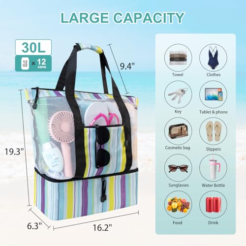 ASL Mesh Beach Bag with Cooler Compartment for Women, 2-in-1 Print Travel Tote 30L with Zipper and Pockets, Pool Picnic