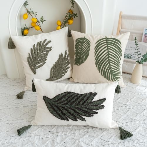 VANNCIO Linen Green Leaf Throw Pillow Cover, Square Pillowcase with Tufted Tropical Palm Leaves, Modern Decorative Cushion...
