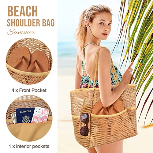 KPX Beach Bag with Mini Pocket, Summer Beach Tote Bags for Women Large Foldable Mesh Swimming Pool Travel Bags - Sandproof
