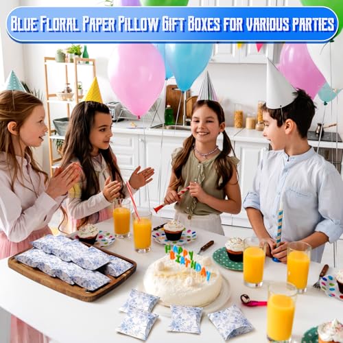 Moinchore 100 Pcs Blue Floral Pillow Boxes Kraft Paper Pillow Gift Boxes Candy Wedding Party Favors Blue Floral Candy Deco...
