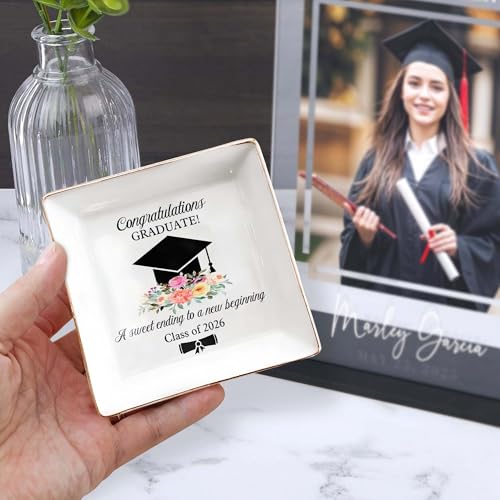 Graduation Gift for Her 2026 – Cap & Flowers Graduate 4" Ceramic Jewelry Dish – Class of 2026 Gift for Daughter, Sister, F...