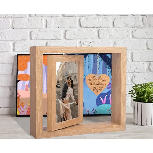 Rotating Floating Let the Adventure Begins Picture Frame, Engagement Gifts for Couples, Rustic 4x6 Floating Picture Frames...