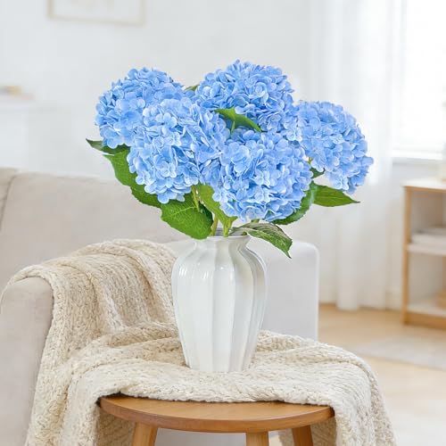 Cherica 6 Pcs Real Touch Blue Hydrangea Artificial Flowers with Stems, Fake Silk Flowers for Outdoors, Artificial Flowers ...