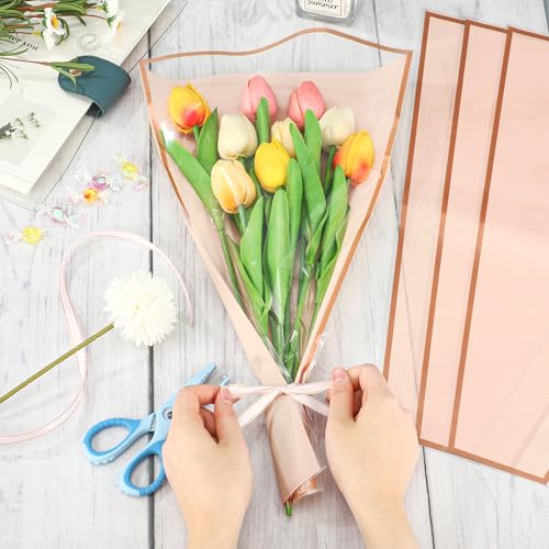 50PCS Flower Wrapping Bags for Bouquets 17 x 11in Pink Floral Bouquet Packing Sleeves with Ribbon Plastic Flower Bouquet S...