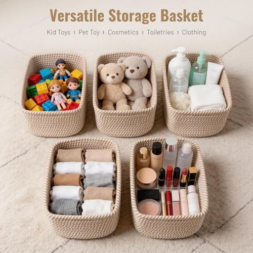 5 Pack Decorative Small Storage Baskets for Shelves, Cotton Rope Woven Basket for Organizing Bathroom, Nursery, Closet, Ca...