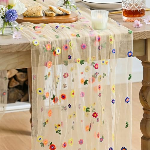 Artoid Mode Champagne Embroidery Daisy Gauze Table Runner 120 Inch 10FT, Seasonal Sheer Kitchen Dining Holiday Wedding Bir...