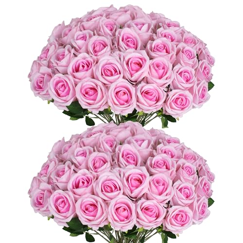 Jefuzh 50 PCS Fake Pink Roses, Artificial Flowers Bulk Realistic Silk Faux Rose with Stems for Wedding Decoration Bridal B...