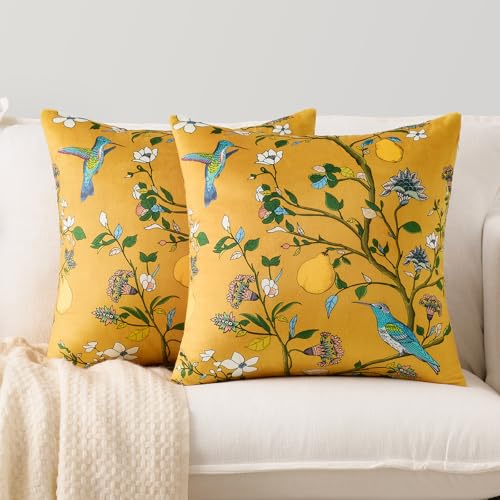 Mustard Yellow Floral Pillow Covers 18x18 Set of 2, Velvet Wild Flower Plant Throw Pillows Case, Square Farmhouse Decor Cu...