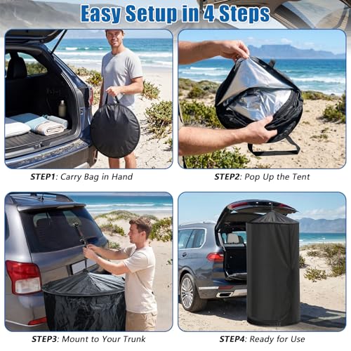 Pop Up Privacy Tent for Car, 69in Portable Camping Shower Tent with Liftgate Suction Pod and Hanging Straps, 210D Silver C...
