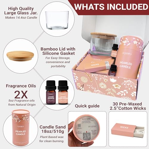 Pearled Candle Sand Gift Set - 18oz Sand Wax, 30 Wicks, 2X Natural Fragrance Oils + Free Large Glass Jar Included - Smoke-...