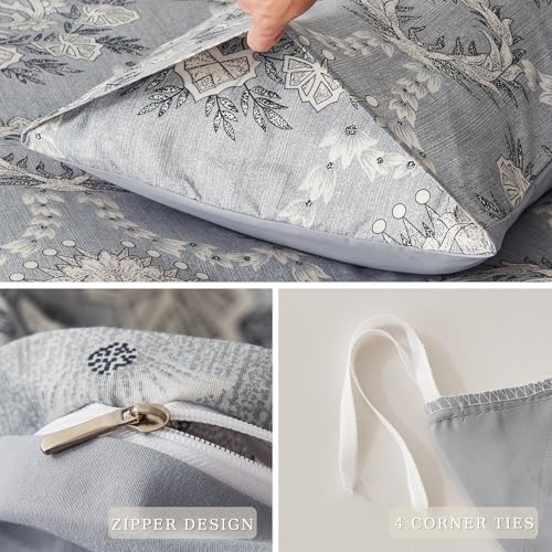 Grey Floral Duvet Cover Set Full Size Bedding Quilt Comforter Cover Reversible Duvet Covers Microfiber Bedspread Floral Be...