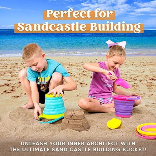 JOYIN Foldable Beach Bucket Set - 3 Packs Collapsible Toy Buckets with Shovels and Mesh Backpack for Kids Toddlers Party, ...