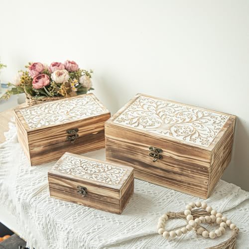 MODE HOME 3 Piece Tree of Life Carved Wooden Keepsake Boxes with Lids, Decorative Storage Boxes for Home decor, Trinket Bo...