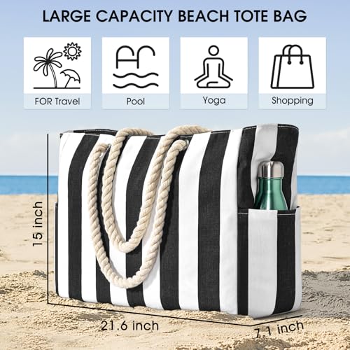Becokan Women's Pool Swim Bag - Waterproof Sandproof Large Stripe Beach Tote with Zipper