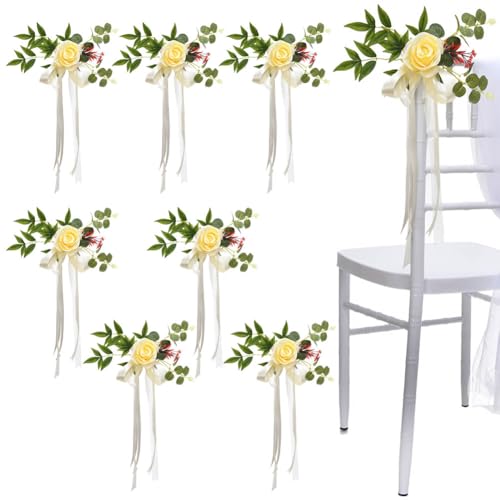 JOONOR Set of 8 Wedding Aisle Decorations Set Yellow Rose Flowers Chair Back Flowers with Leaves and Ribbons,Pew Artificia...