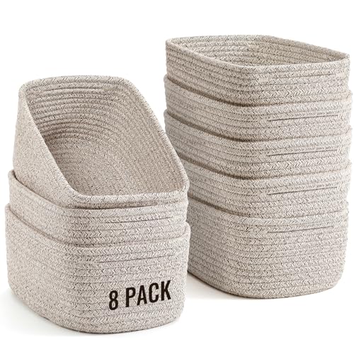 8 Pack Small Storage Baskets for Organizing, Woven Rope Bins for Bathroom, Closet, Shelf Organizer, Cute Cube Decorative B...