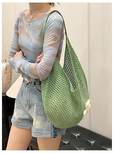 OYOANGLE Women's Floral Applique Crochet Beach Tote Bag Summer Boho Mesh Woven Tote Bag