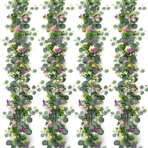 ASTNIC 4 Pack 5.68 FT Artificial Daisy Garland with 3D Butterfly, Hanging Fake Flowers Greenery Eucalyptus Garland Floral ...