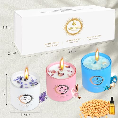 AROZEN 3 Pack Scented Candles Gift Set for Women – Lavender, Ocean, Rose Soy Candles with Crystals & Seashells, 70-Hour To...