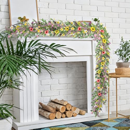 6 ft Spring Artificial Wildflower Garland Wisteria Lavender Garland Daisy and Lavender Faux Floral Vine Summer Floral Fake...